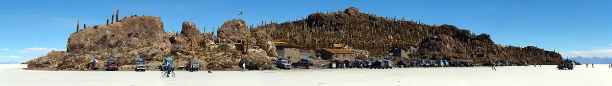 Isla Incahuasi rising from the salt flat