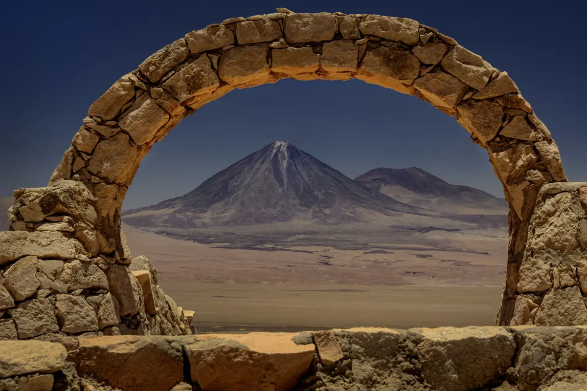 Licancabur framed by an arch near San Pedro de Atacama