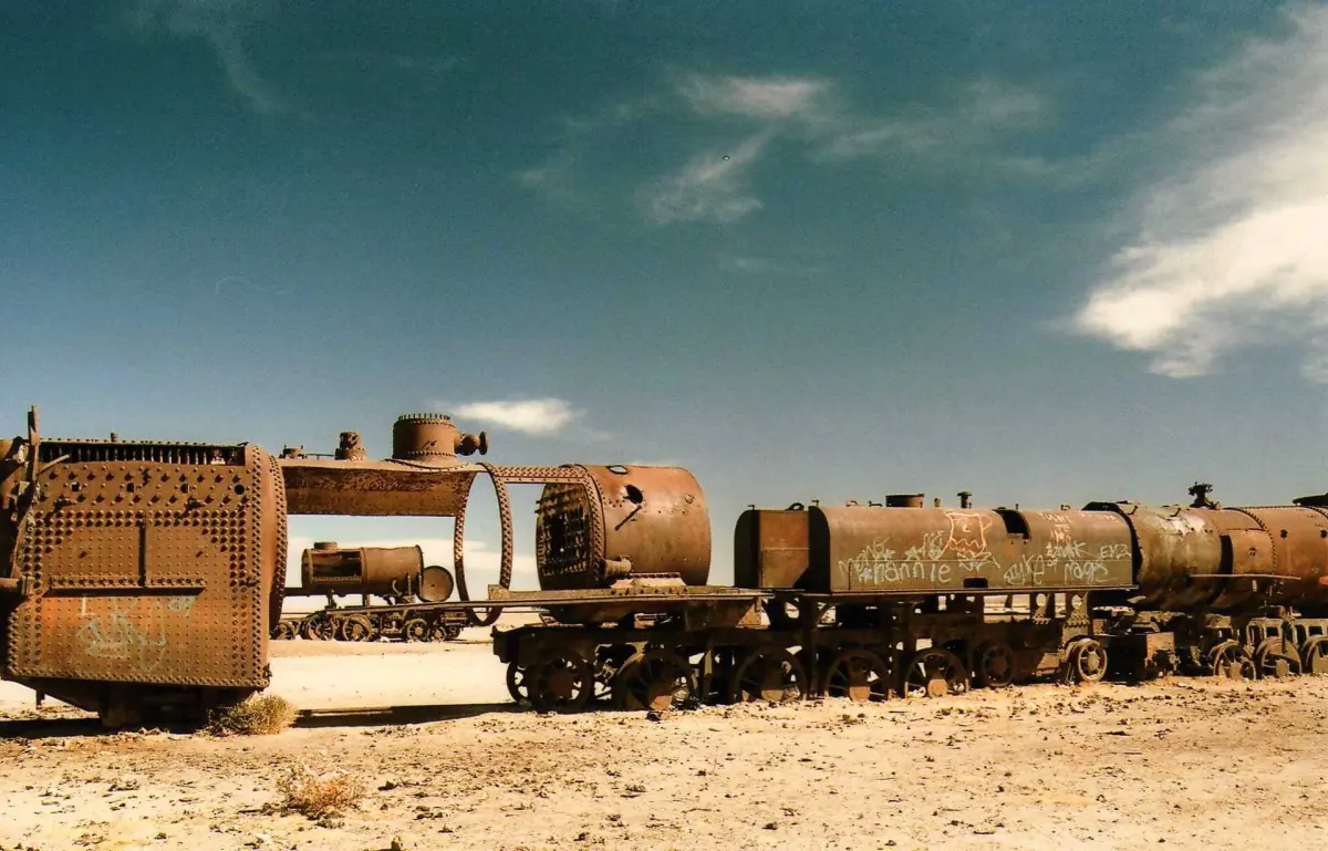 A row of rusting trains near Uyuni